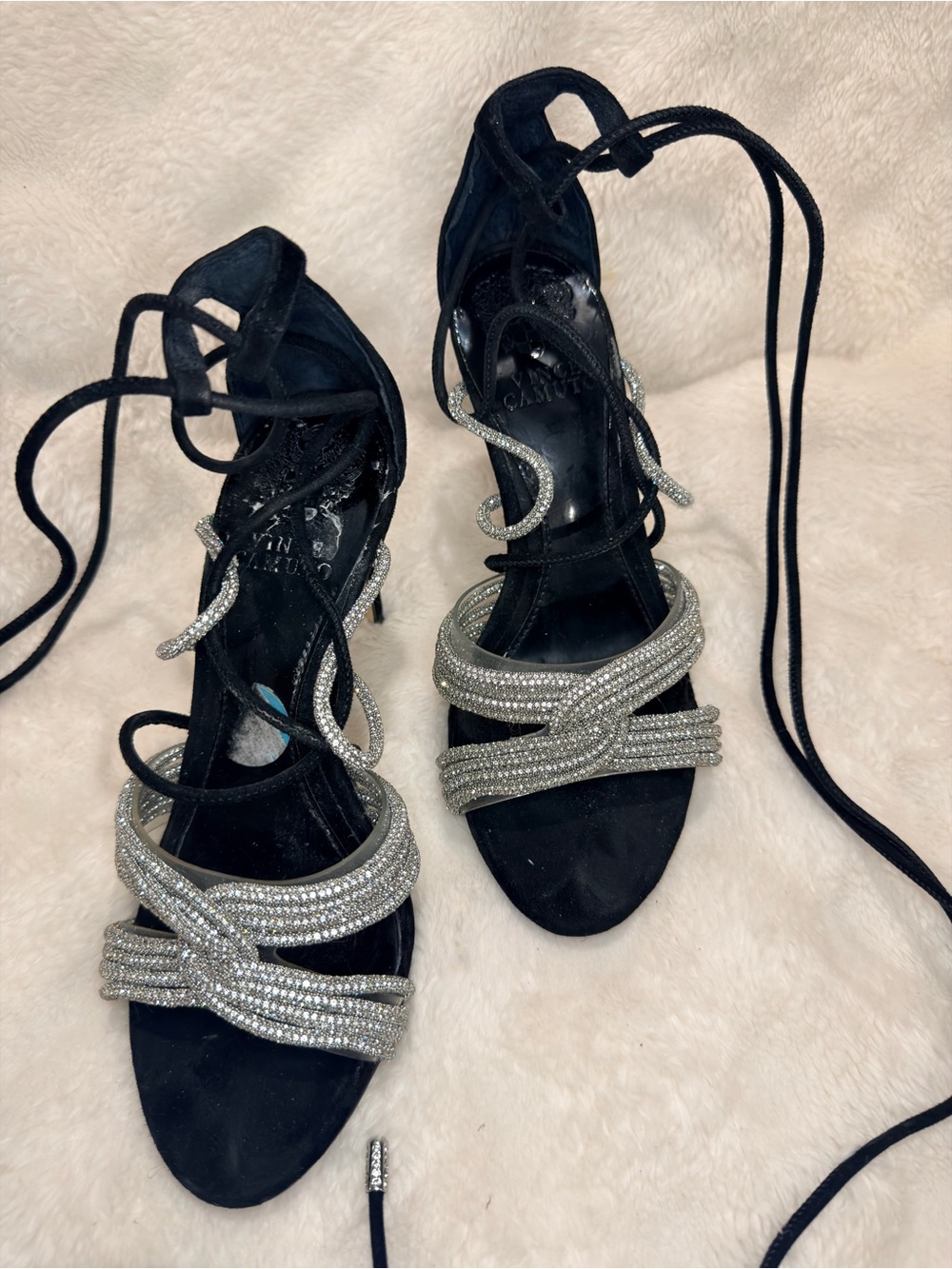Vince Camuto Black Lace-Up Heels with Silver Crystal Straps